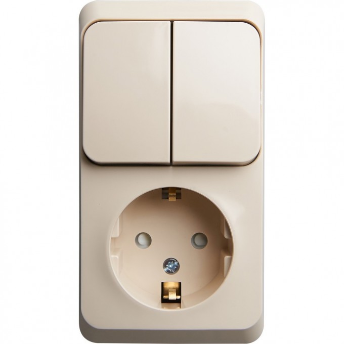 Блок SCHNEIDER ELECTRIC ЭТЮД: розетка с заземлением, со шторками + выключатель 2-клавишный, КРЕМОВЫЙ, Россия BPA16-202K
