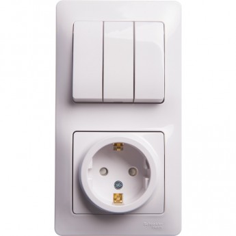 Блок SCHNEIDER ELECTRIC GLOSSA: розетка с заземлением, со шторками + 3 клавишный выключатель, белый Блок SCHNEIDER ELECTRIC GLOSSA: розетка с заземлением, со шторками + 3 клавишный выключатель, белый