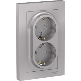 Розетка двойная SCHNEIDER ELECTRIC ATLASDESIGN с заземлением, со шторками, в сборе, алюминий