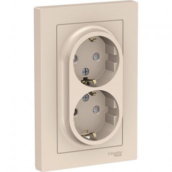 Розетка двойная SCHNEIDER ELECTRIC ATLASDESIGN с заземлением, со шторками, в сборе, бежевый