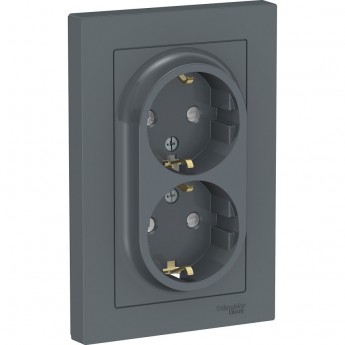 Розетка двойная SCHNEIDER ELECTRIC ATLASDESIGN с заземлением, со шторками, в сборе, грифель