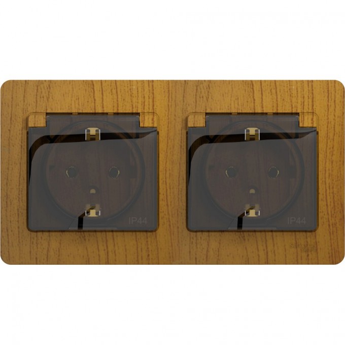 Розетка двойная SCHNEIDER ELECTRIC GLOSSA с заземлением, со шторками, в сборе, IP44, дуб GSL000547