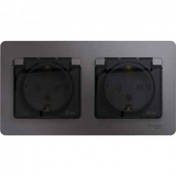 Розетка двойная SCHNEIDER ELECTRIC GLOSSA с заземлением, со шторками, в сборе, IP44, графит