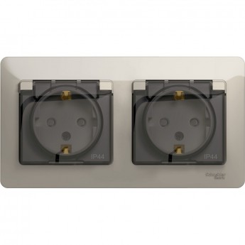 Розетка двойная SCHNEIDER ELECTRIC GLOSSA с заземлением, со шторками, в сборе, IP44, молочный