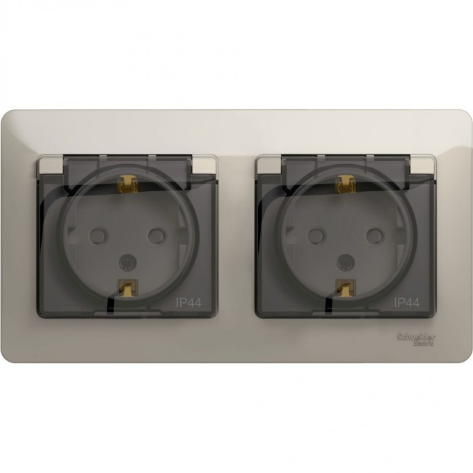 Розетка двойная SCHNEIDER ELECTRIC GLOSSA с заземлением, со шторками, в сборе, IP44, молочный GSL000947