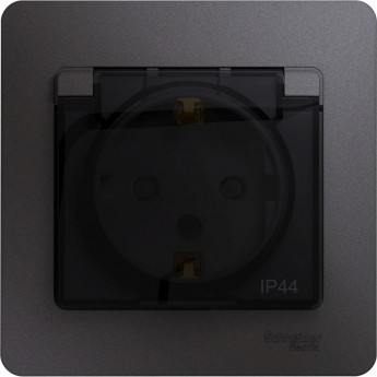 Розетка SCHNEIDER ELECTRIC GLOSSA с заземлением, IP44, со шторкой, с крышкой, в сборе, графит