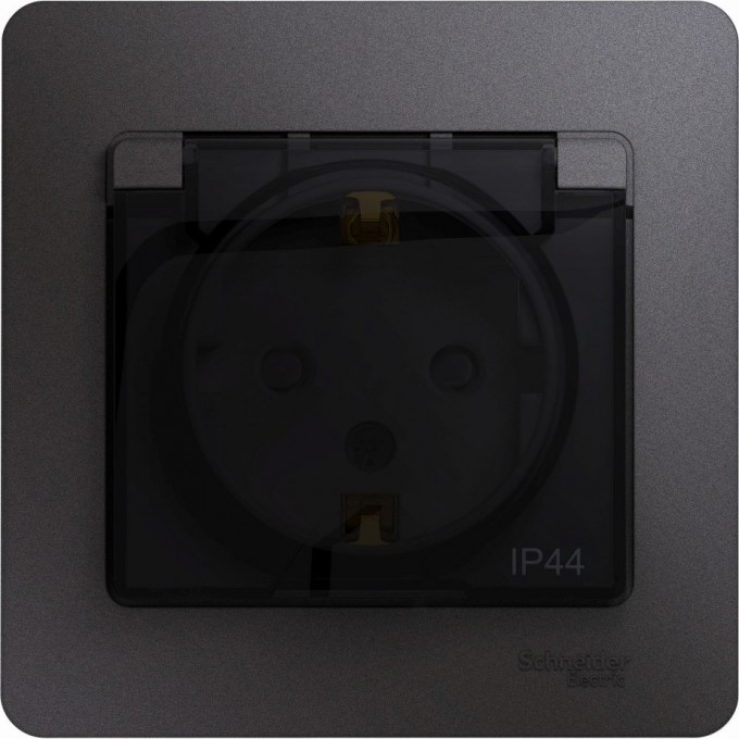 Розетка SCHNEIDER ELECTRIC GLOSSA с заземлением, IP44, со шторкой, с крышкой, в сборе, графит GSL001348