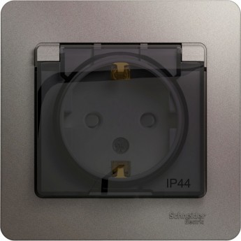 Розетка SCHNEIDER ELECTRIC GLOSSA с заземлением, IP44, со шторкой, с крышкой, в сборе, платина