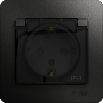 Розетка SCHNEIDER ELECTRIC GLOSSA с заземлением, со шторками, с крышкой, IP44, в сборе, антрацит