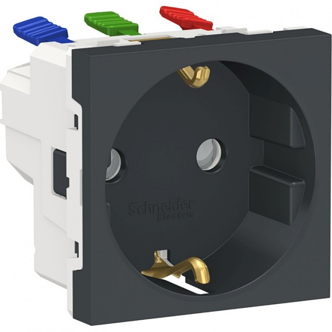 Розетка SCHNEIDER ELECTRIC UNICA MODULAR с заземлениям, со шторками, с быстрозажимными клеммами, 16А 250В, 2 модуля, антрацит NU305754